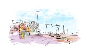 Manama 'nın simgesi olan Print Building view, Bahreyn' in başkentidir. Vektörde elle çizilmiş resim ile suluboya sıçraması.