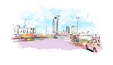 Manama 'nın simgesi olan Print Building view, Bahreyn' in başkentidir. Vektörde elle çizilmiş resim ile suluboya sıçraması.