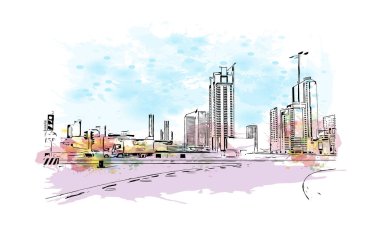 Manama 'nın simgesi olan Print Building view, Bahreyn' in başkentidir. Vektörde elle çizilmiş resim ile suluboya sıçraması.