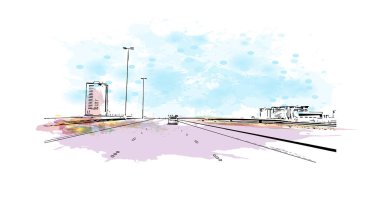 Manama 'nın simgesi olan Print Building view, Bahreyn' in başkentidir. Vektörde elle çizilmiş resim ile suluboya sıçraması.