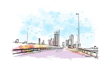 Manama 'nın simgesi olan Print Building view, Bahreyn' in başkentidir. Vektörde elle çizilmiş resim ile suluboya sıçraması.