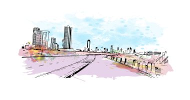 Manama 'nın simgesi olan Print Building view, Bahreyn' in başkentidir. Vektörde elle çizilmiş resim ile suluboya sıçraması.