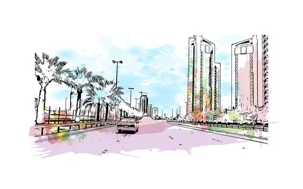 Manama 'nın simgesi olan Print Building view, Bahreyn' in başkentidir. Vektörde elle çizilmiş resim ile suluboya sıçraması.
