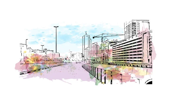 Manama 'nın simgesi olan Print Building view, Bahreyn' in başkentidir. Vektörde elle çizilmiş resim ile suluboya sıçraması.