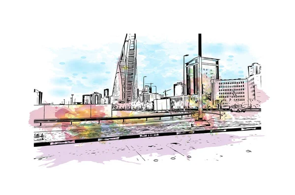 Manama 'nın simgesi olan Print Building view, Bahreyn' in başkentidir. Vektörde elle çizilmiş resim ile suluboya sıçraması.