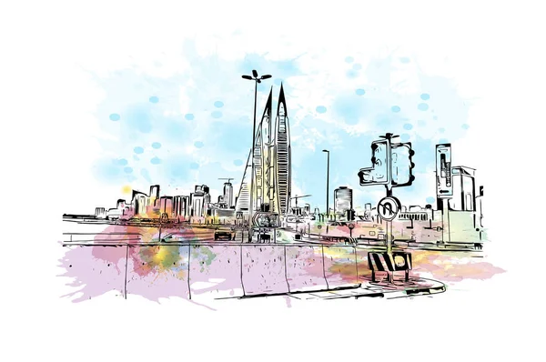 Print Building View Landmark Manama Bahrains Huvudstad Akvarell Stänk Med — Stock vektor