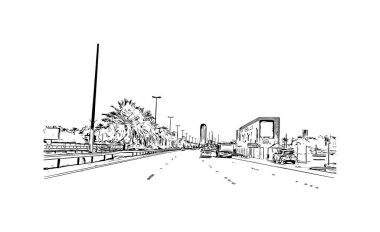 Manama 'nın simgesi olan Print Building view, Bahreyn' in başkentidir. Vektörde elle çizilmiş çizim çizimi.
