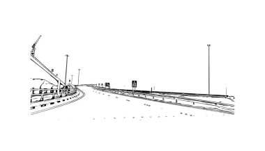 Manama 'nın simgesi olan Print Building view, Bahreyn' in başkentidir. Vektörde elle çizilmiş çizim çizimi.