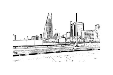Manama 'nın simgesi olan Print Building view, Bahreyn' in başkentidir. Vektörde elle çizilmiş çizim çizimi.
