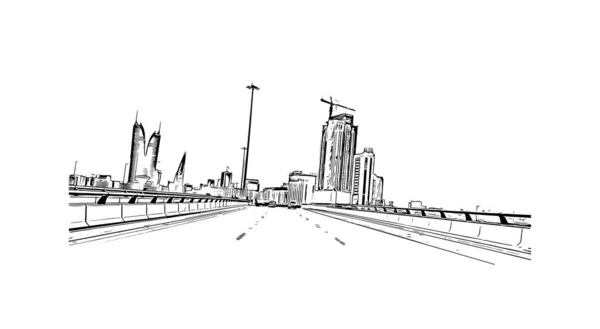 麦纳麦的标志性建筑是巴林的首都 矢量手绘草图 — 图库矢量图片