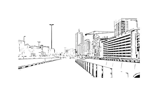Print Building Vista Com Marco Manama Capital Bahrein Desenho Desenhado — Vetor de Stock