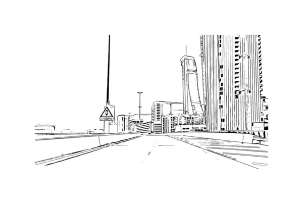 Imprimir Vista Del Edificio Con Hito Manama Capital Bahréin Dibujo — Vector de stock