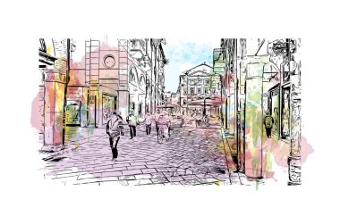 Print Building view with landmark of Mantua is the city in Italy. Vektörde elle çizilmiş resim ile suluboya sıçraması.