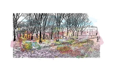 Print Building view with landmark of Mantua is the city in Italy. Vektörde elle çizilmiş resim ile suluboya sıçraması.