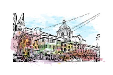 Print Building view with landmark of Mantua is the city in Italy. Vektörde elle çizilmiş resim ile suluboya sıçraması.