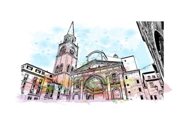 Print Building view with landmark of Mantua is the city in Italy. Vektörde elle çizilmiş resim ile suluboya sıçraması.