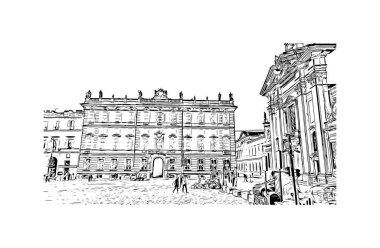 Print Building view with landmark of Mantua is the city in Italy. Vektörde elle çizilmiş çizim çizimi.