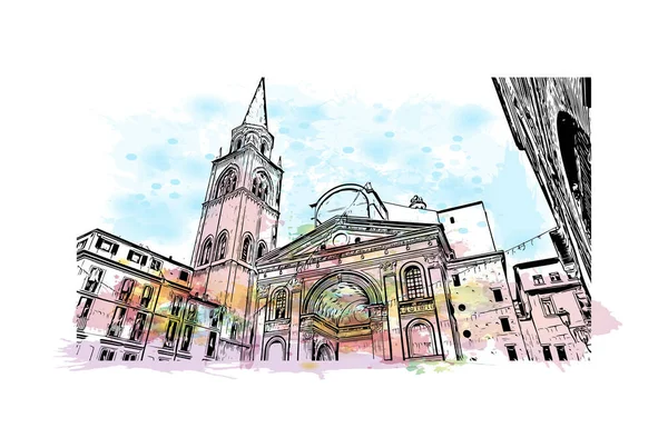Print Building view with landmark of Mantua is the city in Italy. Vektörde elle çizilmiş resim ile suluboya sıçraması.
