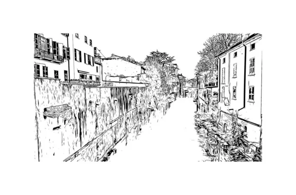 印刷マントヴァのランドマークとビルの景色はイタリアの街です 手描きのスケッチ図ベクトル — ストックベクタ