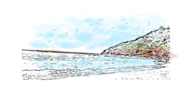 Mozambik 'in başkenti Maputo' nun simgesi olan Print Building view 'dir. Vektörde elle çizilmiş resim ile suluboya sıçraması.