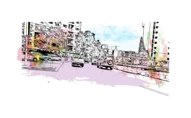 Mozambik 'in başkenti Maputo' nun simgesi olan Print Building view 'dir. Vektörde elle çizilmiş resim ile suluboya sıçraması.