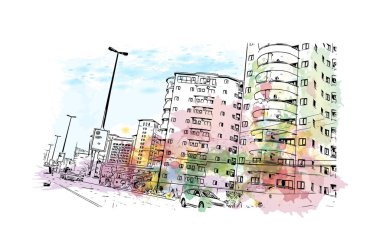Mozambik 'in başkenti Maputo' nun simgesi olan Print Building view 'dir. Vektörde elle çizilmiş resim ile suluboya sıçraması.