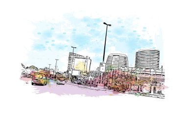 Mozambik 'in başkenti Maputo' nun simgesi olan Print Building view 'dir. Vektörde elle çizilmiş resim ile suluboya sıçraması.