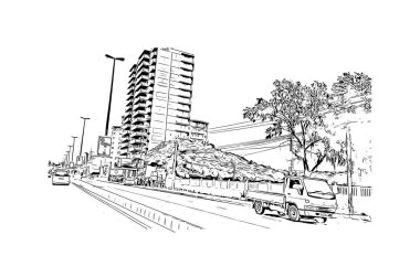 Mozambik 'in başkenti Maputo' nun simgesi olan Print Building view 'dir. Vektörde elle çizilmiş çizim çizimi.