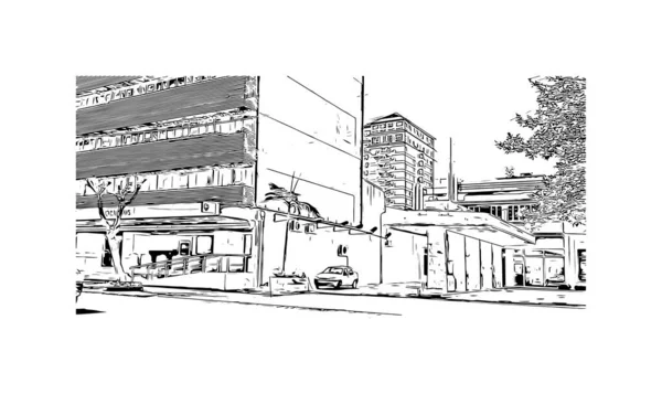 Imprimir Vista Edifício Com Marco Maputo Capital Moçambique Desenho Desenhado — Vetor de Stock