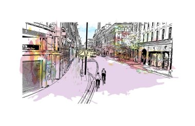 Baskı Binası, Manchester 'ın simgesi olan İngiltere' deki bir şehirdir. Vektörde elle çizilmiş resim ile suluboya sıçraması.