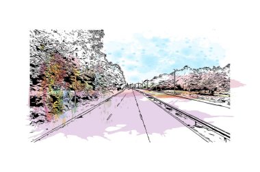 Baskı Binası, Manchester 'ın simgesi olan İngiltere' deki bir şehirdir. Vektörde elle çizilmiş resim ile suluboya sıçraması.