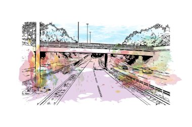 Baskı Binası, Manchester 'ın simgesi olan İngiltere' deki bir şehirdir. Vektörde elle çizilmiş resim ile suluboya sıçraması.