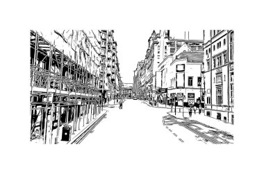 Baskı Binası, Manchester 'ın simgesi olan İngiltere' deki bir şehirdir. Vektörde elle çizilmiş çizim çizimi.