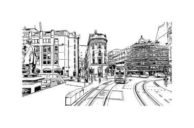 Baskı Binası, Manchester 'ın simgesi olan İngiltere' deki bir şehirdir. Vektörde elle çizilmiş çizim çizimi.