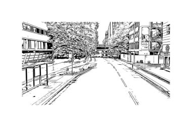 Baskı Binası, Manchester 'ın simgesi olan İngiltere' deki bir şehirdir. Vektörde elle çizilmiş çizim çizimi.