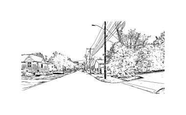 Manchester 'ın simgesi olan Print Building View New Hampshire şehridir. Vektörde elle çizilmiş çizim çizimi.