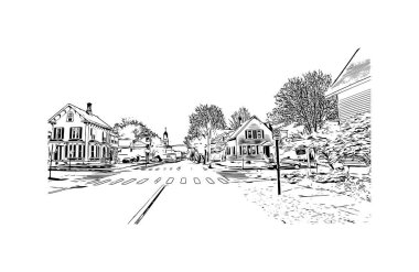 Manchester 'ın simgesi olan Print Building View New Hampshire şehridir. Vektörde elle çizilmiş çizim çizimi.