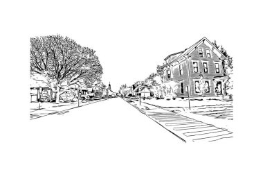 Manchester 'ın simgesi olan Print Building View New Hampshire şehridir. Vektörde elle çizilmiş çizim çizimi.