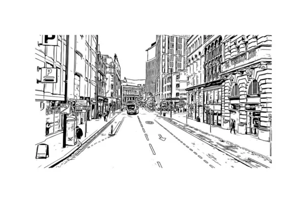 Print Building Vista Com Marco Manchester Cidade Inglaterra Desenho Desenhado — Vetor de Stock