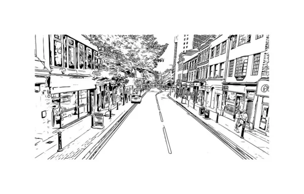Print Building Vista Com Marco Manchester Cidade Inglaterra Desenho Desenhado —  Vetores de Stock
