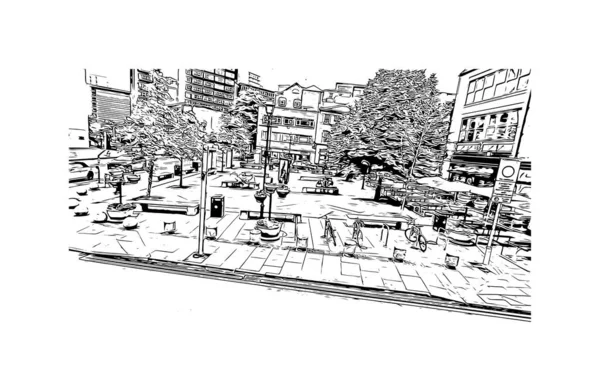 Vytisknout Pohled Budovu Orientačním Bodem Manchesteru Město Anglii Ručně Kreslená — Stockový vektor