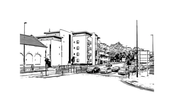 Print Building Vista Com Marco Manchester Cidade Inglaterra Desenho Desenhado — Vetor de Stock
