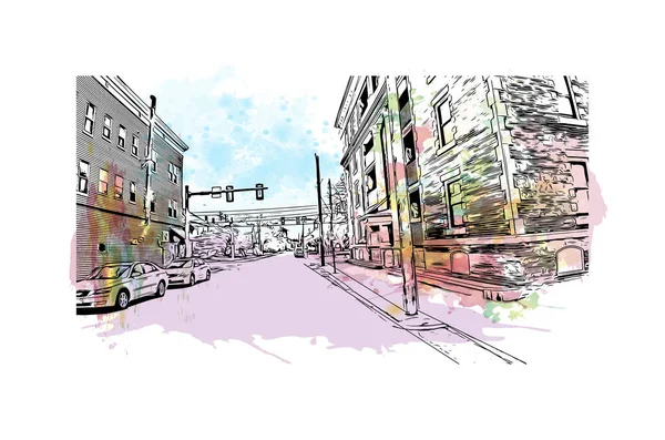 Vytisknout Pohled Budovu Orientačním Bodem Manchesteru Město New Hampshire Akvarelové — Stockový vektor