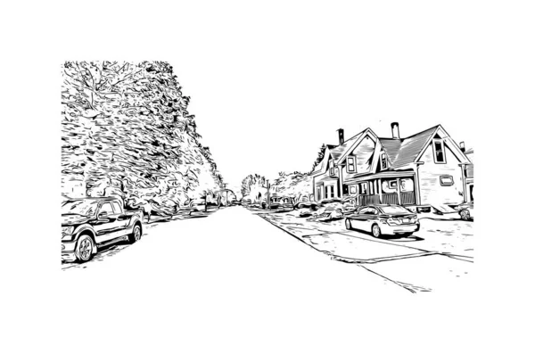 Manchester 'ın simgesi olan Print Building View New Hampshire şehridir. Vektörde elle çizilmiş çizim çizimi.