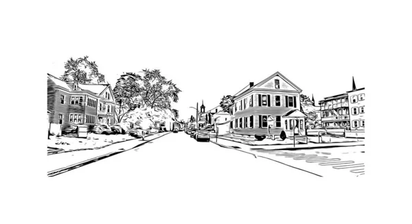 印刷マンチェスターのランドマークとビルのビューは ニューハンプシャー州の都市です 手描きのスケッチ図ベクトル — ストックベクタ