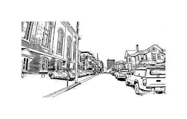 印刷マンチェスターのランドマークとビルのビューは ニューハンプシャー州の都市です 手描きのスケッチ図ベクトル — ストックベクタ