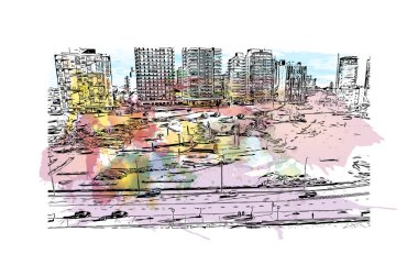 Print Building view with landmark of Mar del Plata is the city in Argentina. Vektörde elle çizilmiş resim ile suluboya sıçraması.