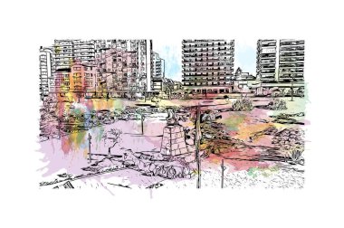 Print Building view with landmark of Mar del Plata is the city in Argentina. Vektörde elle çizilmiş resim ile suluboya sıçraması.