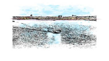 Print Building view with landmark of Mar del Plata is the city in Argentina. Vektörde elle çizilmiş resim ile suluboya sıçraması.