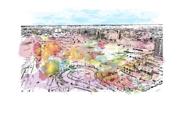 Print Building view with landmark of Mar del Plata is the city in Argentina. Vektörde elle çizilmiş resim ile suluboya sıçraması.